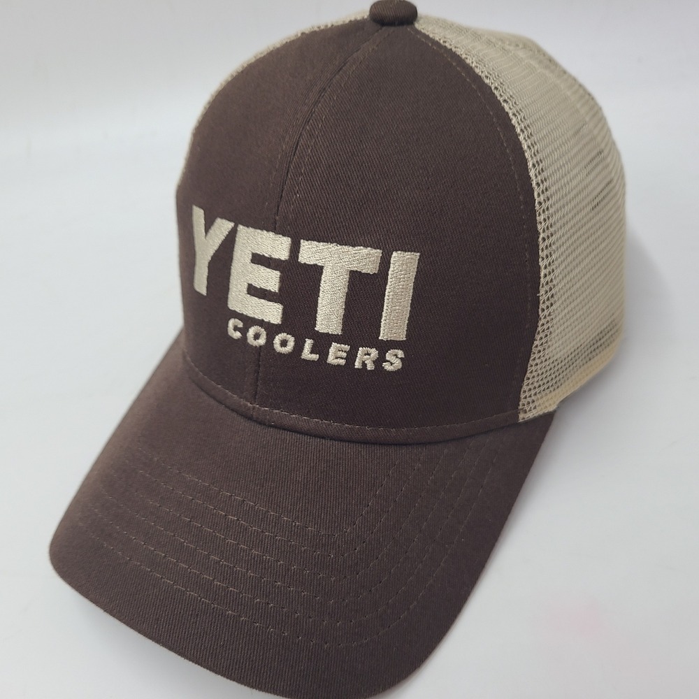 YETI Coolers Hat‎ Snapback Trucker Mesh Brown Beige Logo Hunt Fish Outdoors Men